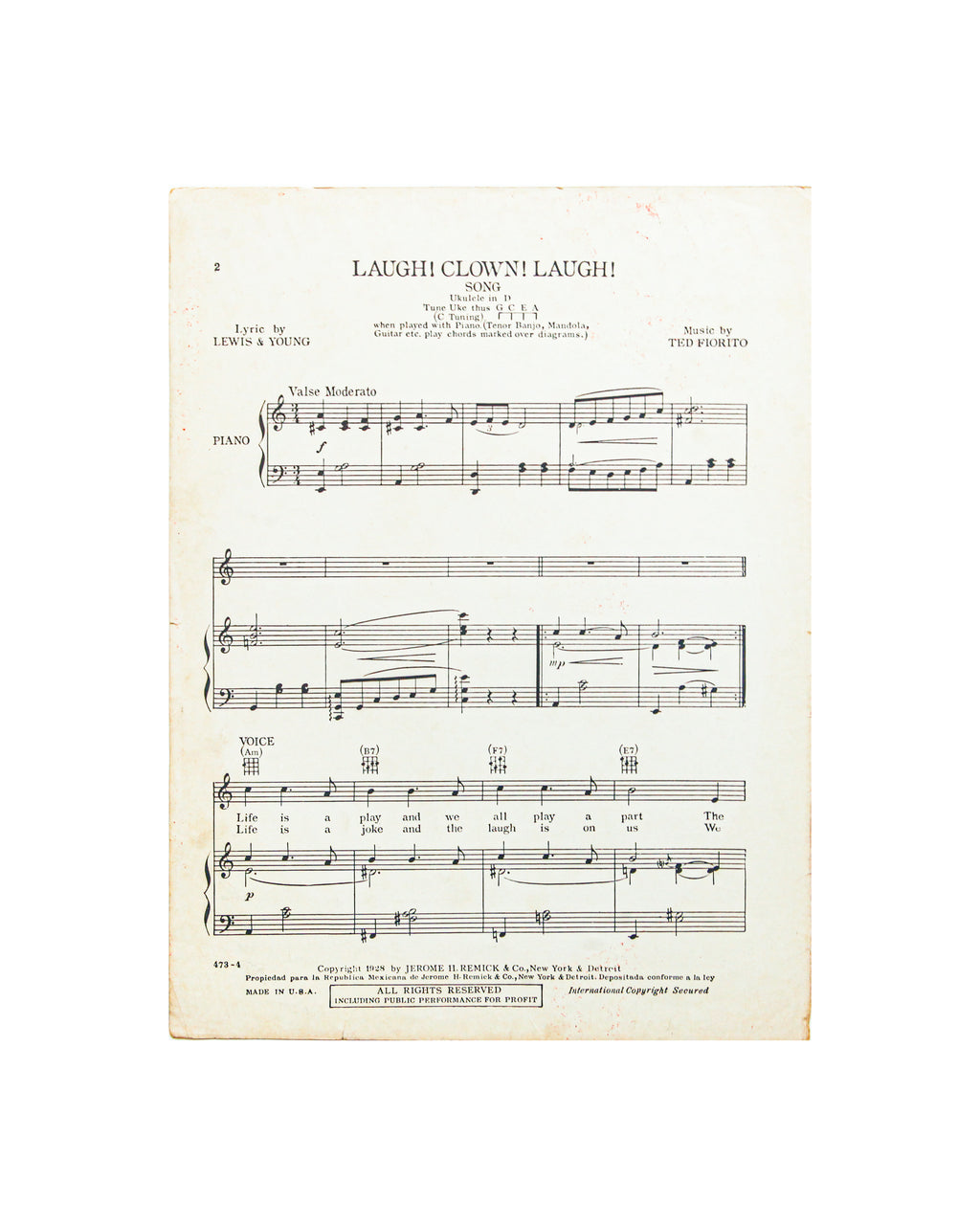 1928 Laugh Clown Laugh - Vintage Sheet Music
