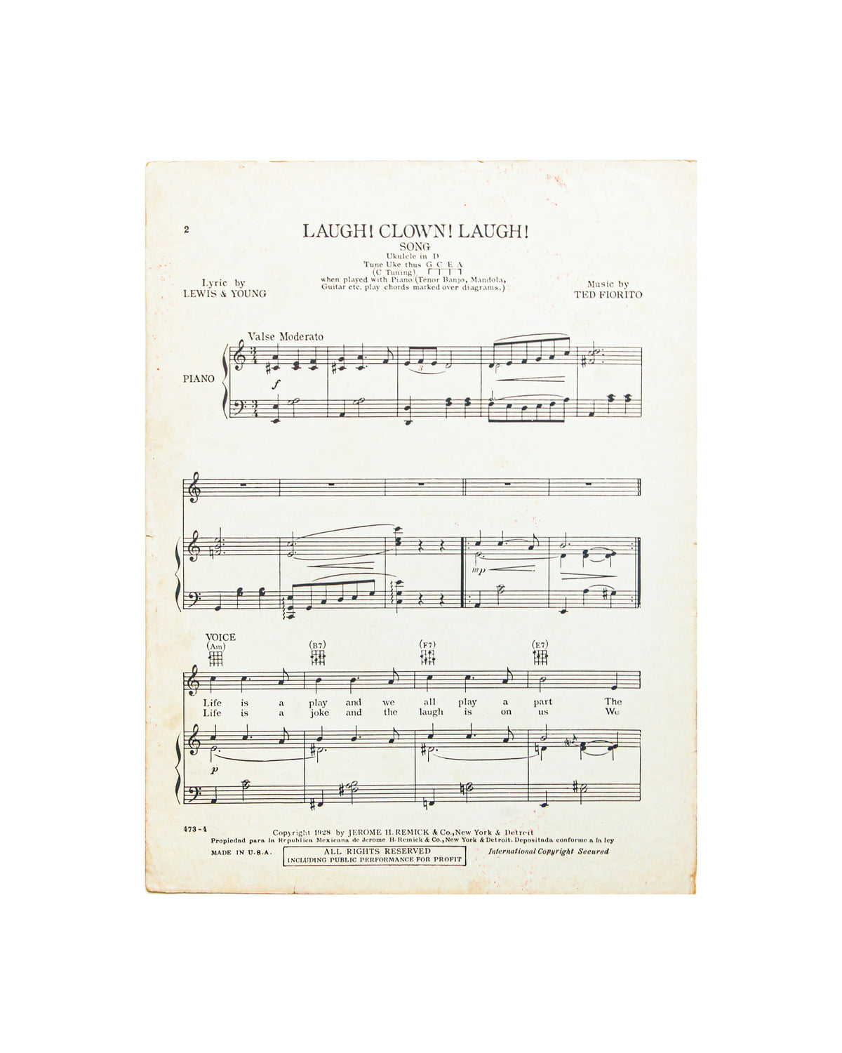 1928 Laugh Clown Laugh - Vintage Sheet Music