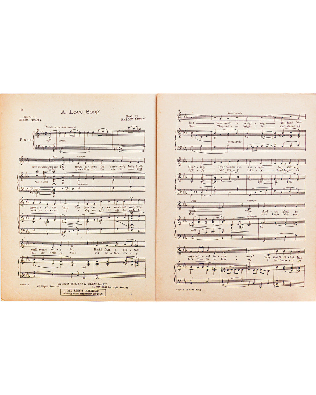 1923 A Love Song - Vintage Sheet Music