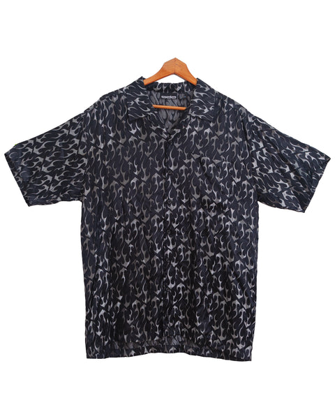 Vintage Y2k 2000s Odo Black Silk Flame Tribal Short Sleeve Button Up Shirt (Large)