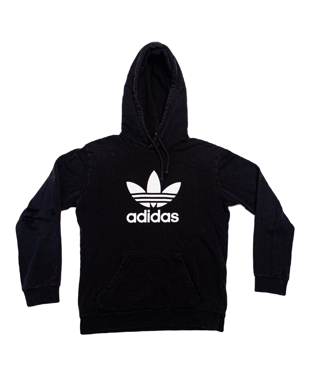 2000s Thrashed Black Adidas Trefoil Hooded Sweatshirt (Small)