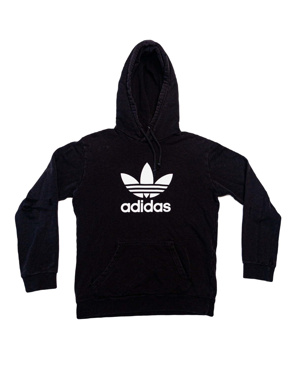 2000s Thrashed Black Adidas Trefoil Hooded Sweatshirt (Small)