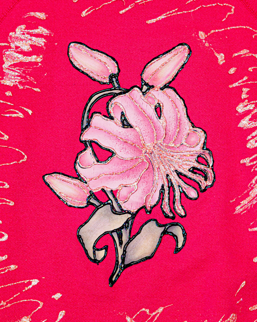 1990s Vintage Handmade Floral Glitter Puff Paint Flower Pink Tultex Sweatshirt