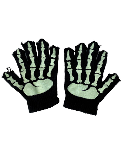 Vintage Knit Glow In The Dark Skeleton Fingerless Bone Gloves (One Size)