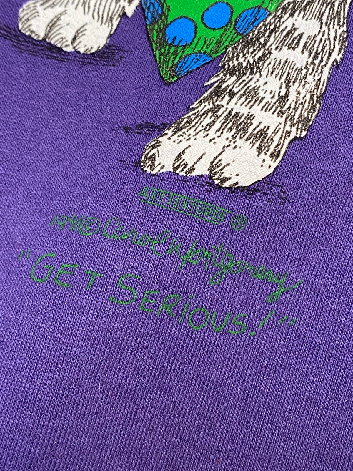 Vintage Get Serious Wacky Cat Purple Crewneck Sweatshirt Carol Montgomery (XL)